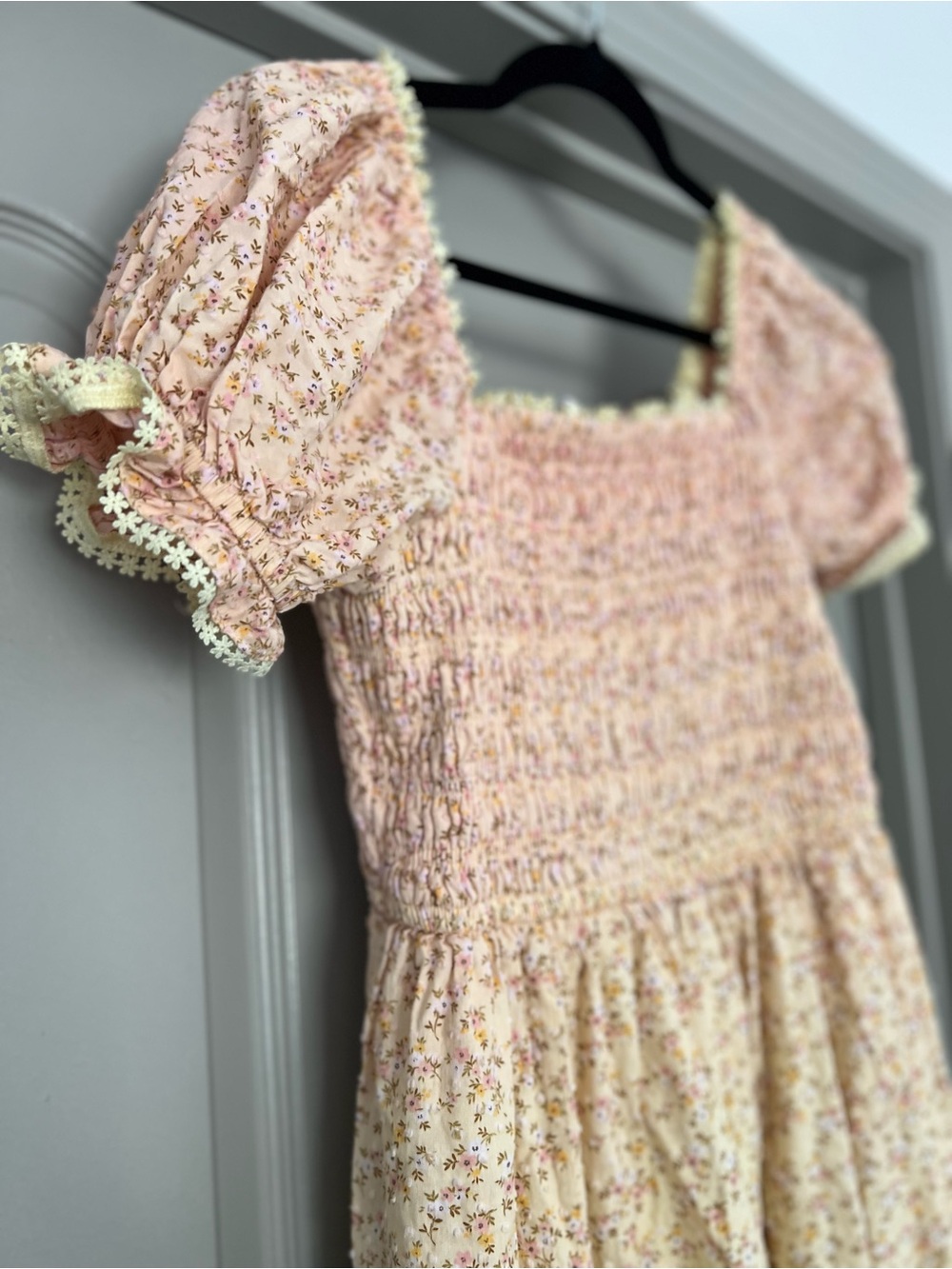 Cottagecore Floral Smocked Midi Dress Pink Yellow 100% Cotton L - Picture 4 of 7